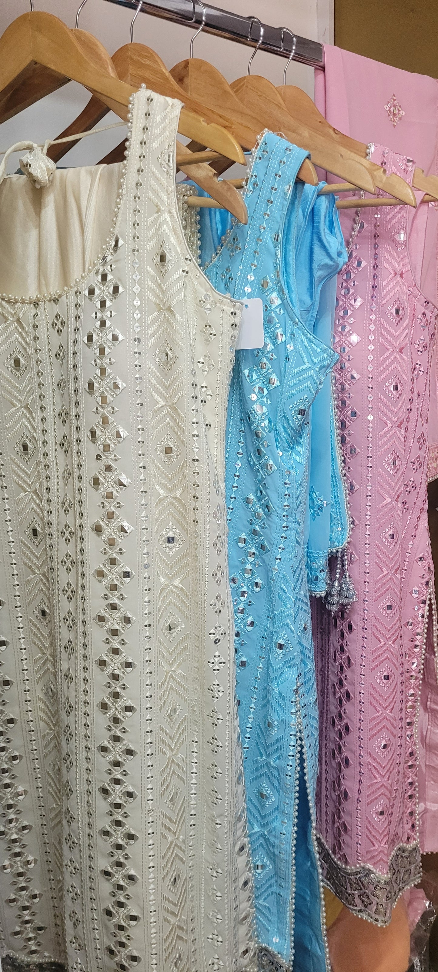 Elegant Baby Pink Mirror Work Suit – Includes Dupatta, Sleeves & Bottom Option (Trouser or Pajami)