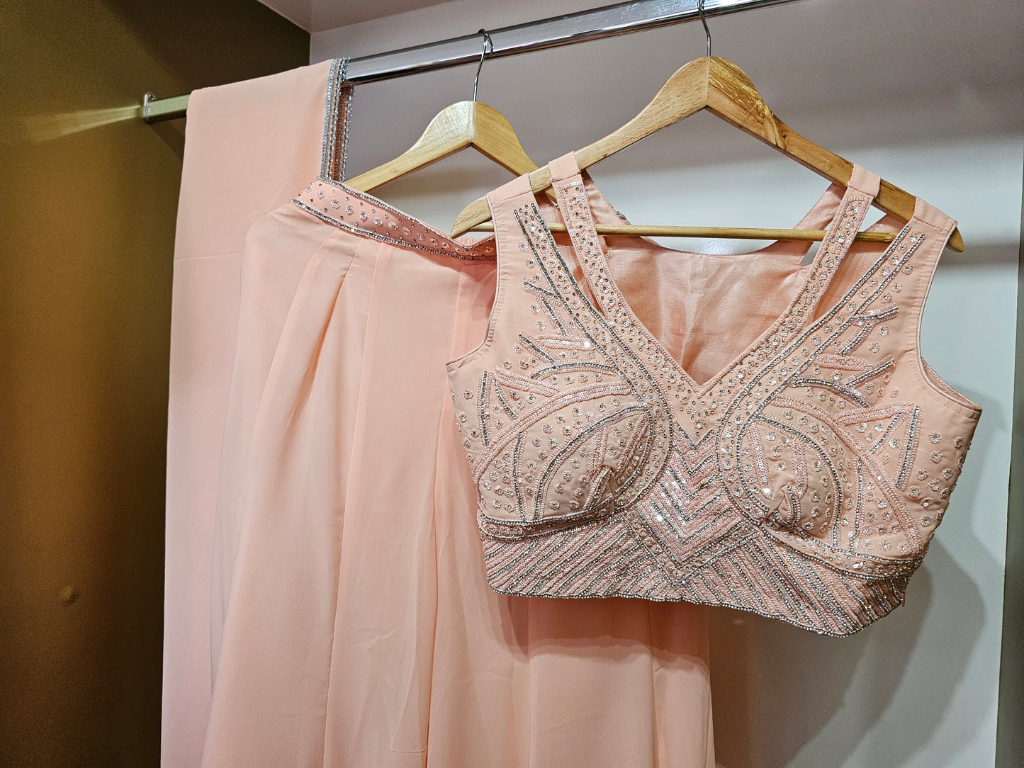 Peach Perfection: Elegant Palazzo & Diamante Top Set