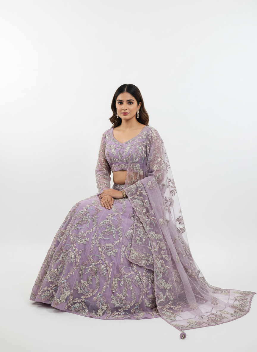 Dreamy Lavender Embroidered Net Lehenga Set – Pure Sophistication & Charm