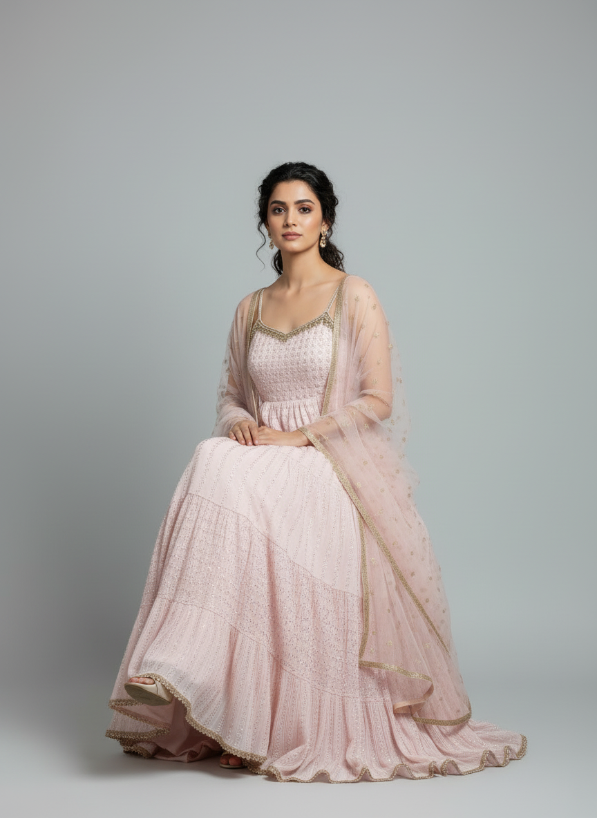 Delightful Blush Pink Tiered Anarkali Gown with Sequin Net Dupatta
