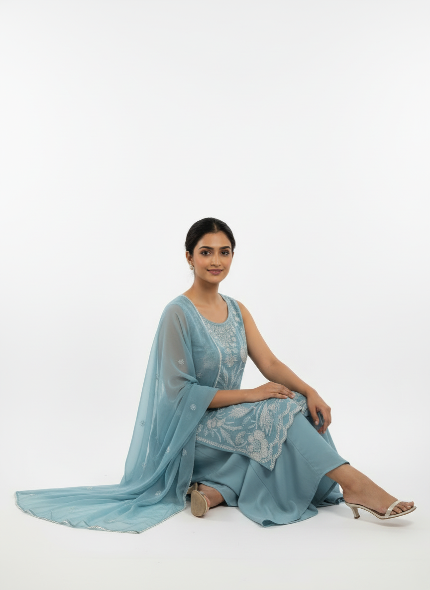Elegant Sky Blue Embroidered Plazo Suit – Premium Festive & Party Wear
