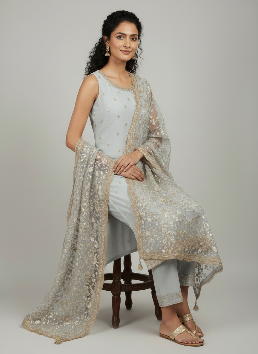 Elegant Ice-Grey Embroidered Straight Suit with Sequinned Dupatta