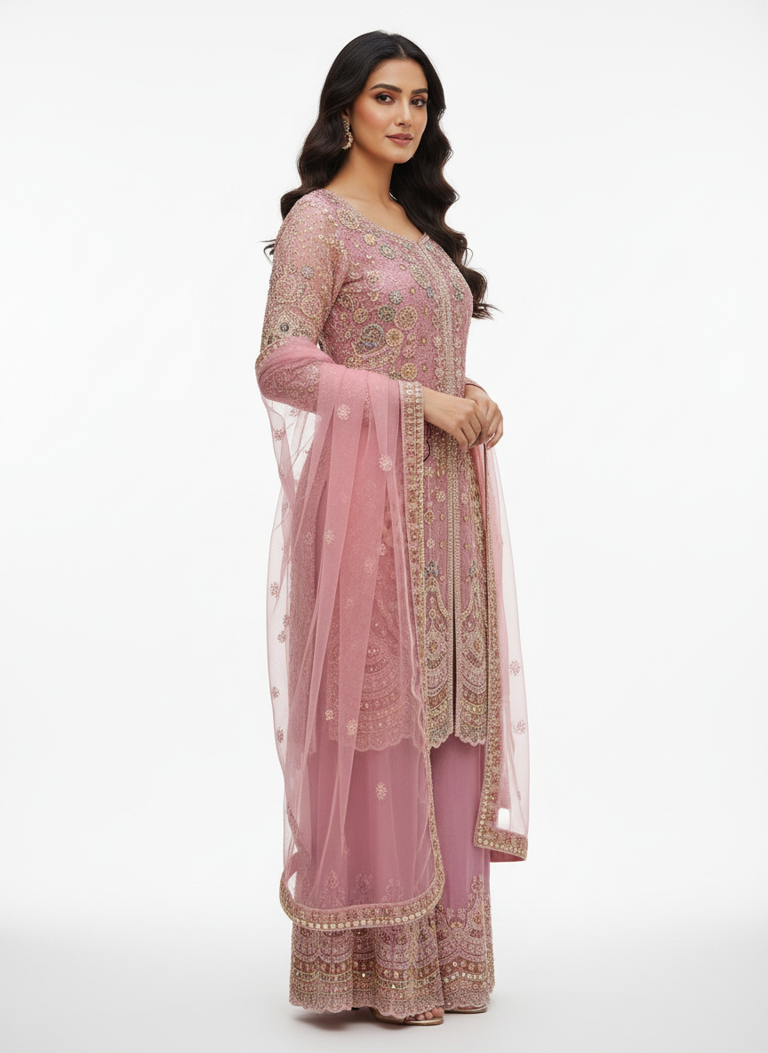 Elegant Pink Embroidered Plazo Suit – Premium Festive Wear