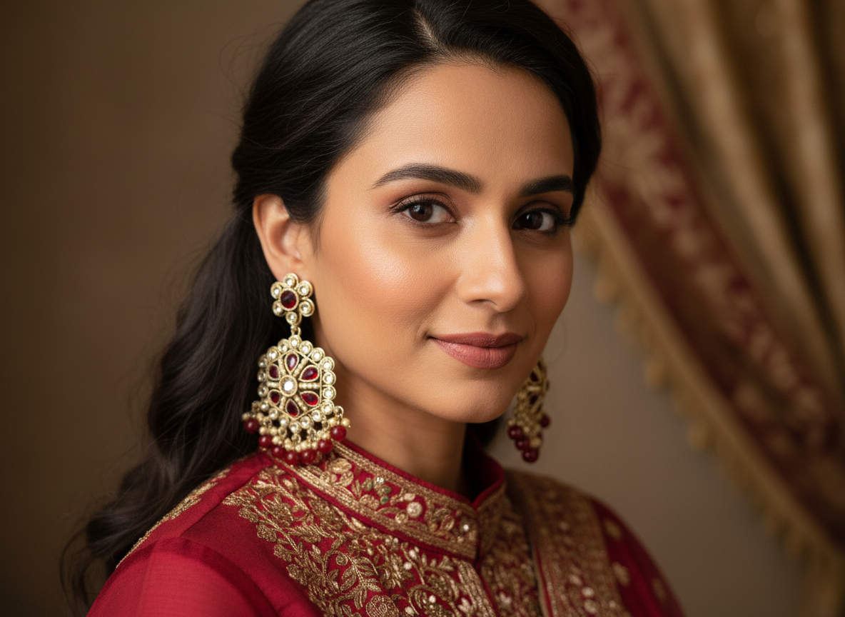 Stunning Traditional Kundan Earrings with Pearl and Red Bead Accents