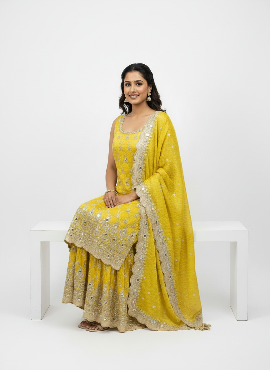 Yellow Mirror-Work Palazzo Suit – Radiant, Festive & Absolutely Show-Stopping