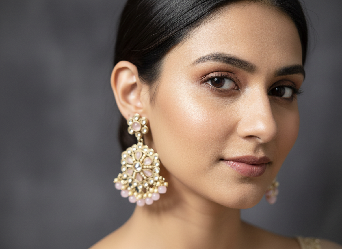 Elegant Gold-Tone Kundan Earrings with Pink Beads – Traditional, Classy & Timeless