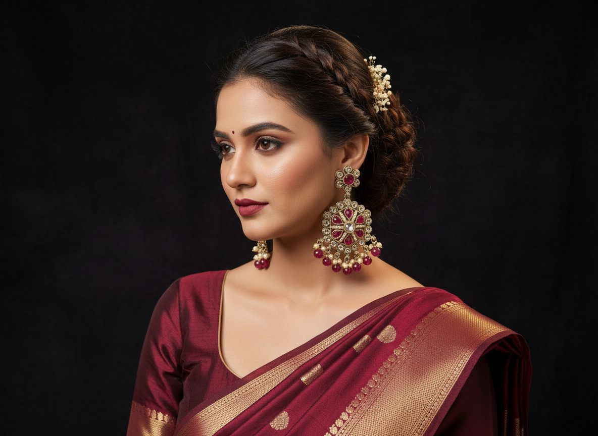 Elegant Traditional Gold-Plated Earrings with Red and Pearl Detailing