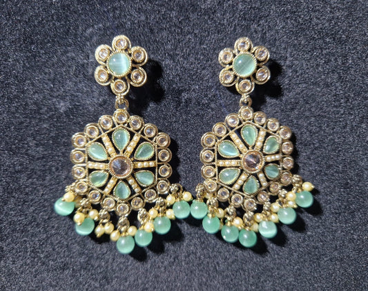 Mint Green & Gold Traditional Kundan Dangle Earrings