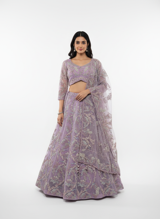 Dreamy Lavender Embroidered Net Lehenga Set – Pure Sophistication & Charm