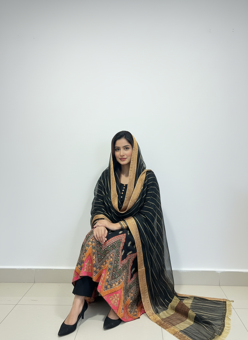 Exquisite Black & Gold Embroidered Pajama Suit with Statement Dupatta