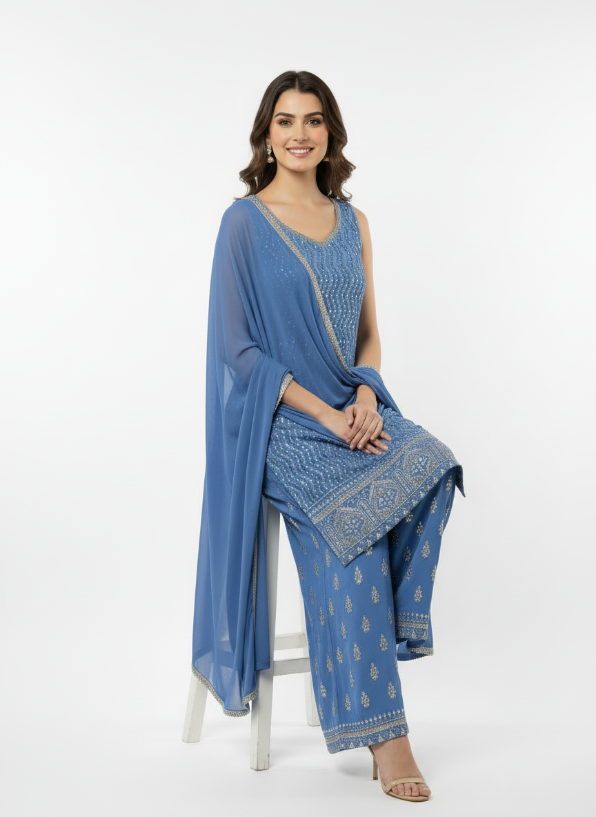 Elegant Blue Embroidered Palazzo Suit – Premium Party & Festive Wear