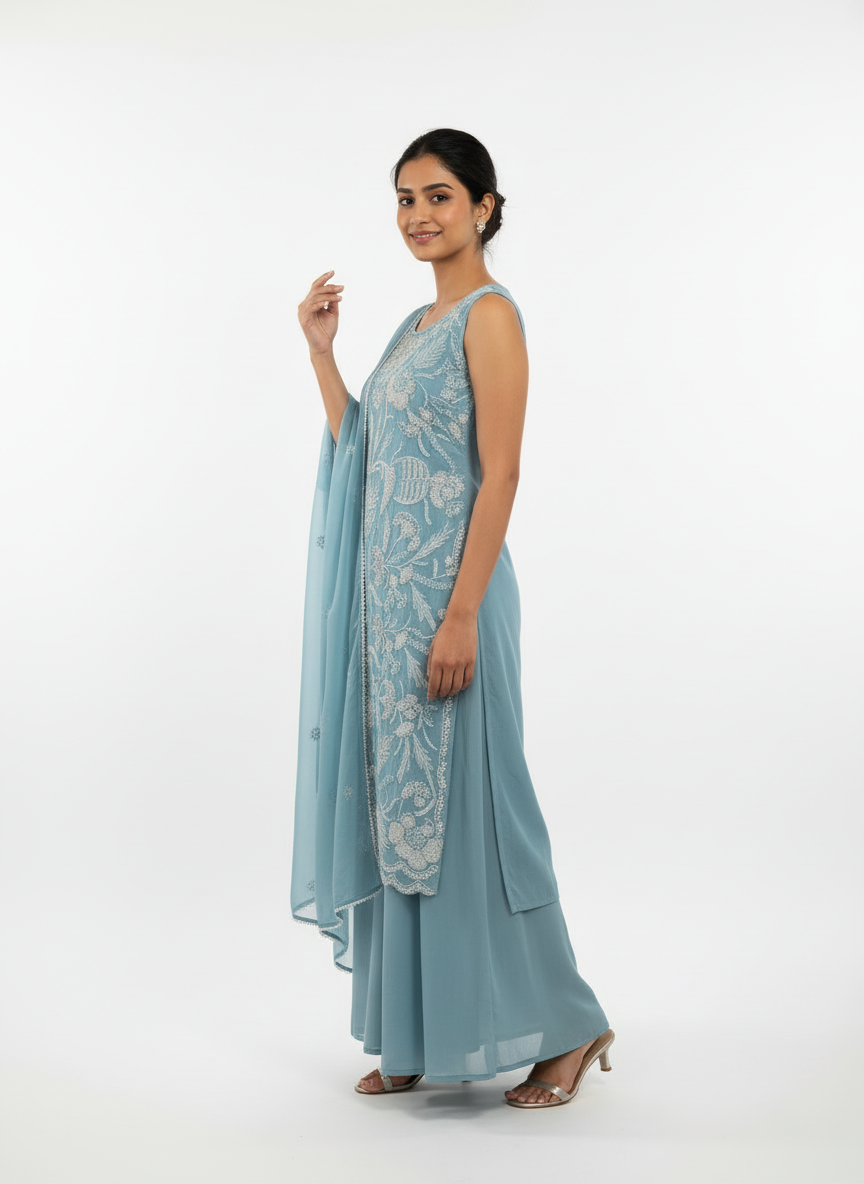 Elegant Sky Blue Embroidered Plazo Suit – Premium Festive & Party Wear