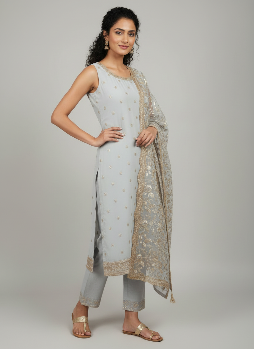 Elegant Ice-Grey Embroidered Straight Suit with Sequinned Dupatta