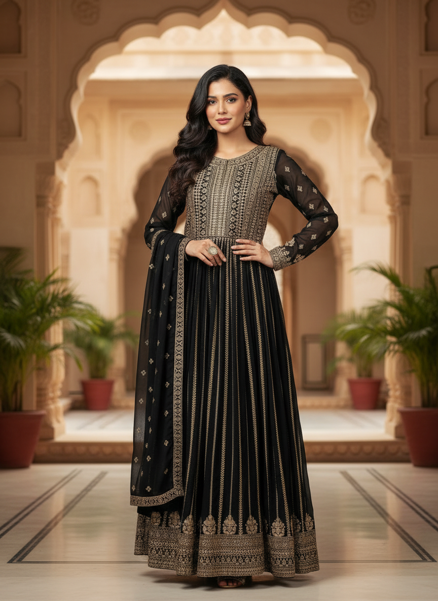 Luxurious Black Anarkali Gown with Intricate Gold Embroidery & Dupatta