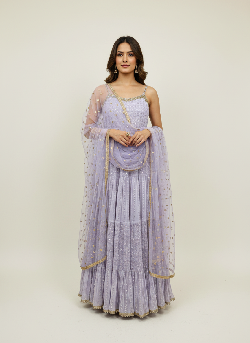 Ethereal Lavender Tiered Anarkali Gown with Sequin Dupatta
