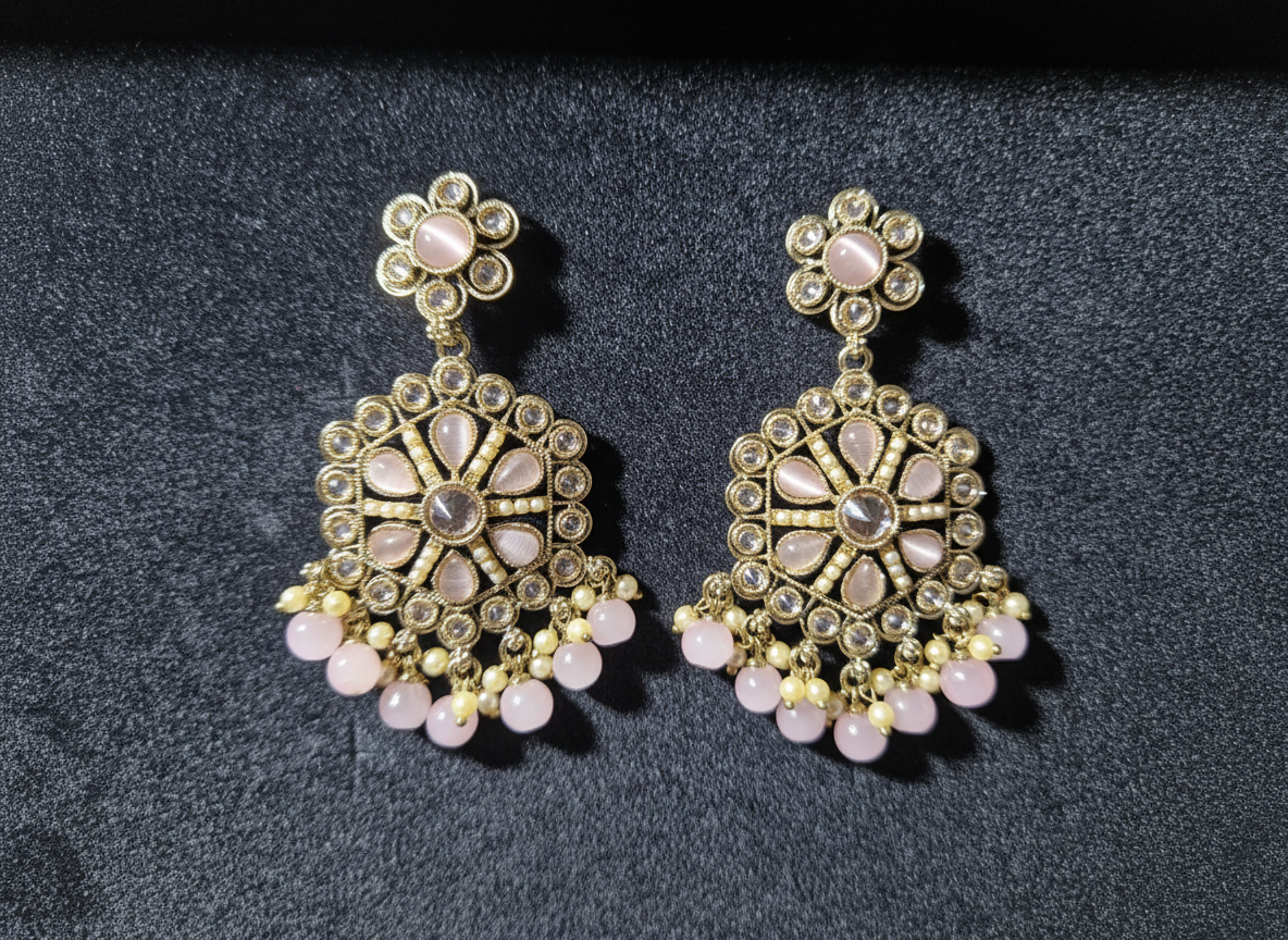 Elegant Gold-Tone Kundan Earrings with Pink Beads – Traditional, Classy & Timeless