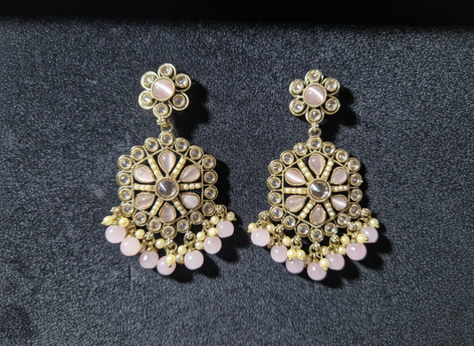 Elegant Gold-Tone Kundan Earrings with Pink Beads – Traditional, Classy & Timeless