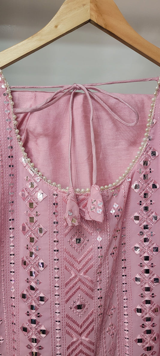 Elegant Baby Pink Mirror Work Suit – Includes Dupatta, Sleeves & Bottom Option (Trouser or Pajami)