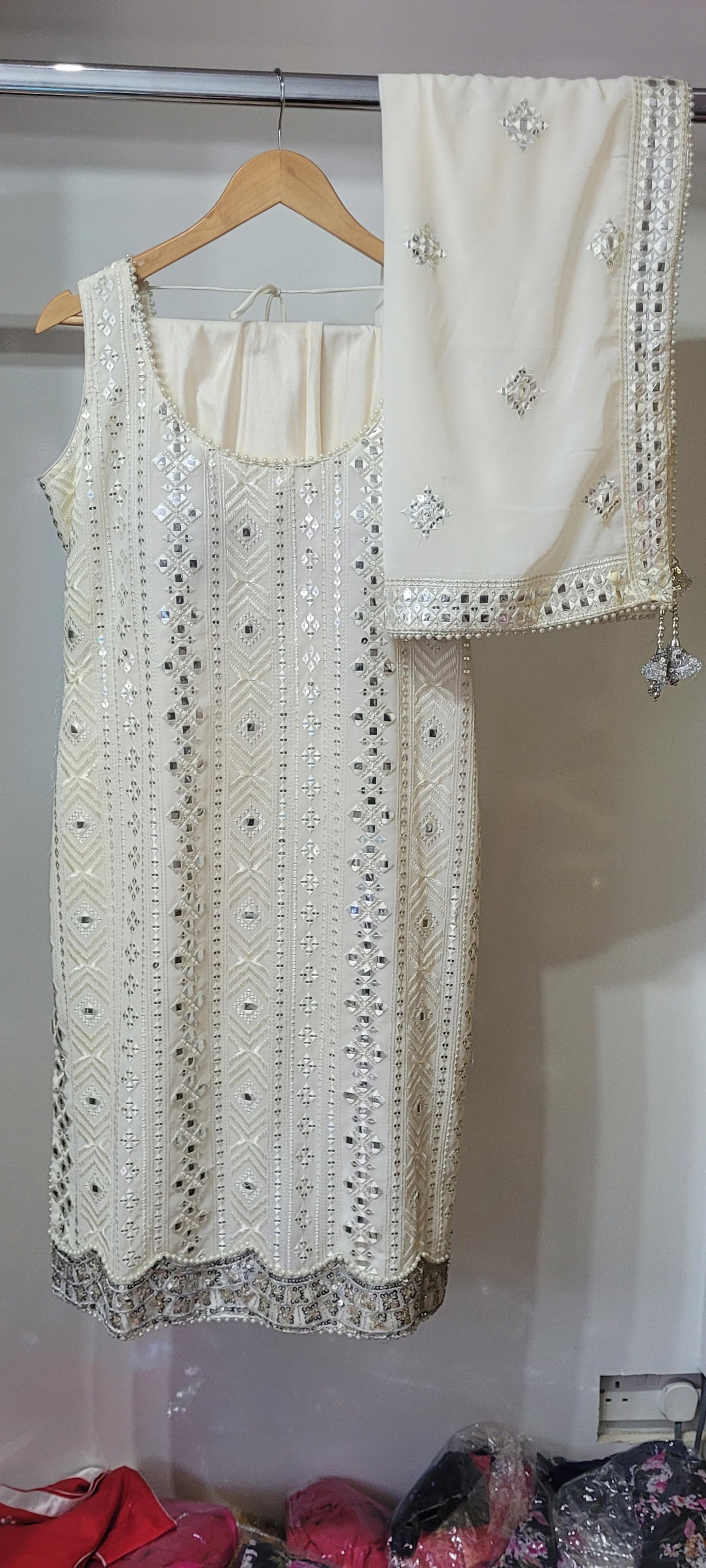 Elegant White Mirror Work Suit – Includes Dupatta, Sleeves & Bottom Option (Trouser or Pajami)