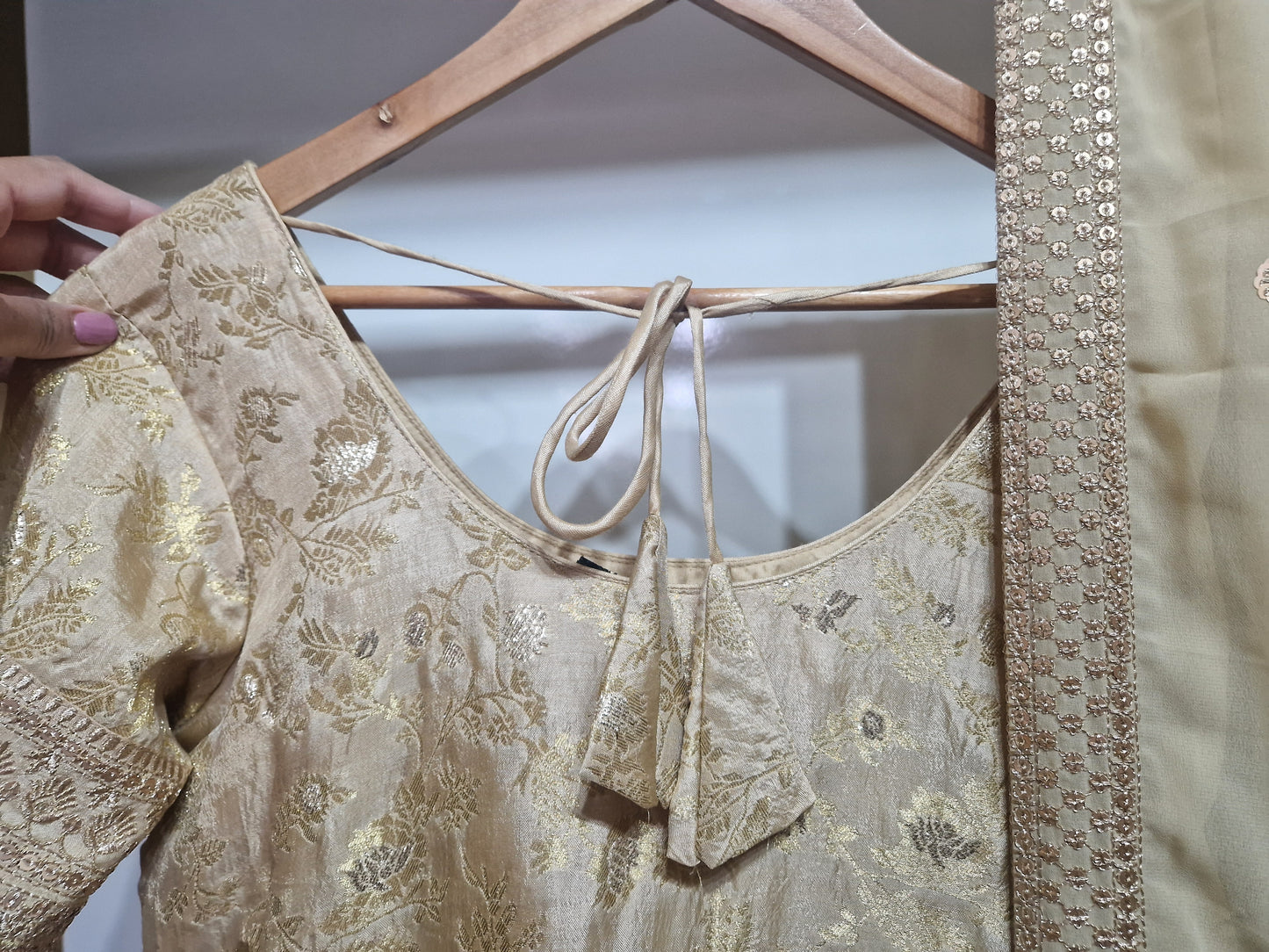 Champagne Gold Brocade Suit Set – With Dupatta & Plazo| Elegant Festive Wear