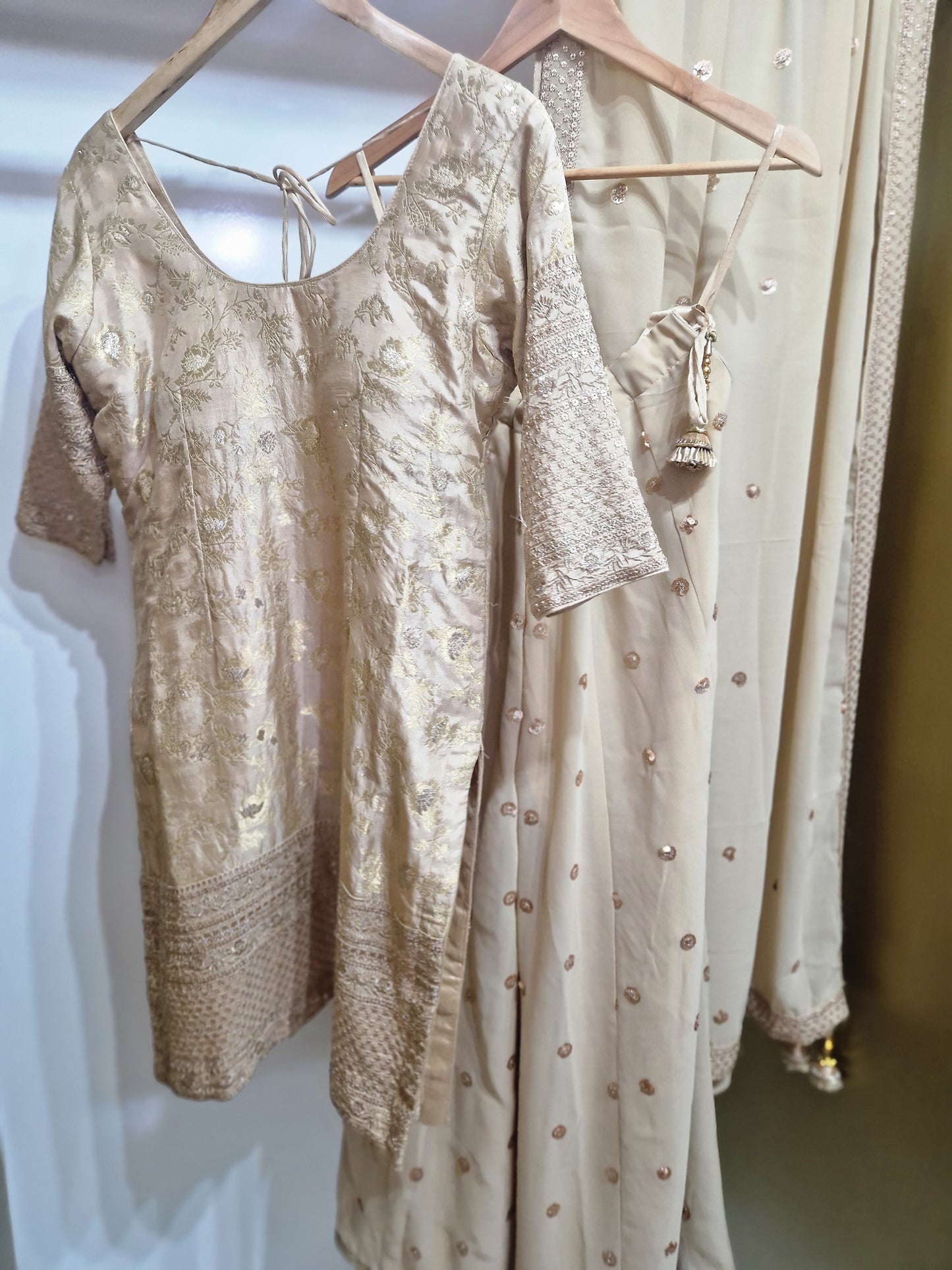 Champagne Gold Brocade Suit Set – With Dupatta & Plazo| Elegant Festive Wear