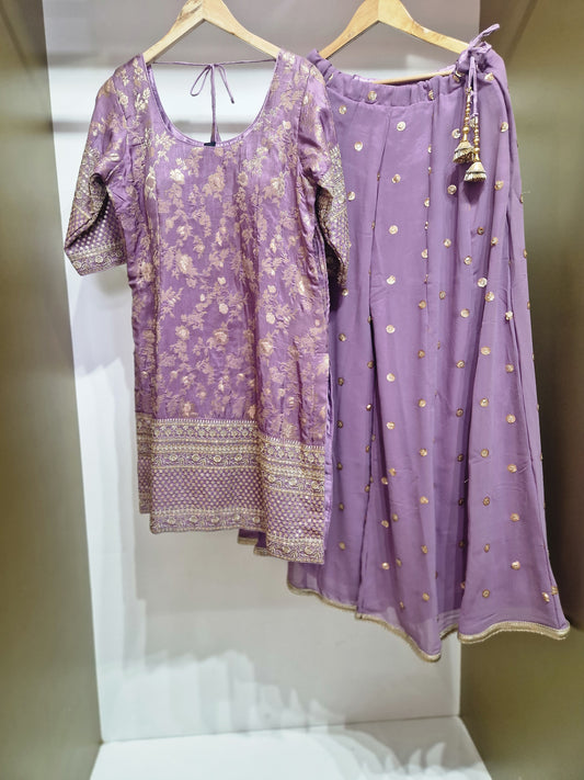 Soft Lilak Brocade Suit Set – With Dupatta & Plazo| Elegant Festive Wear