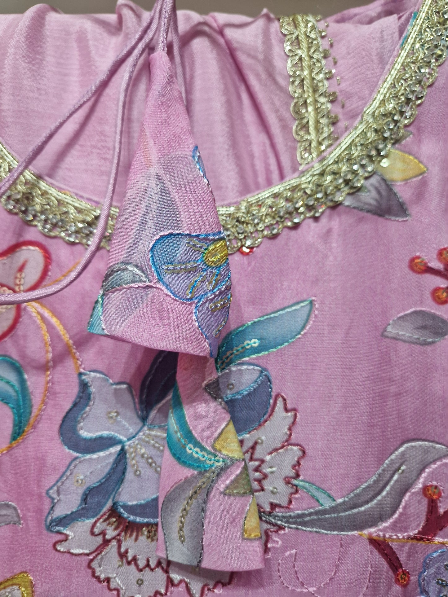 Pink Floral Embroidered Flared Kurta Ensemble – Shell Trim &amp; Wide-Leg Bottoms
