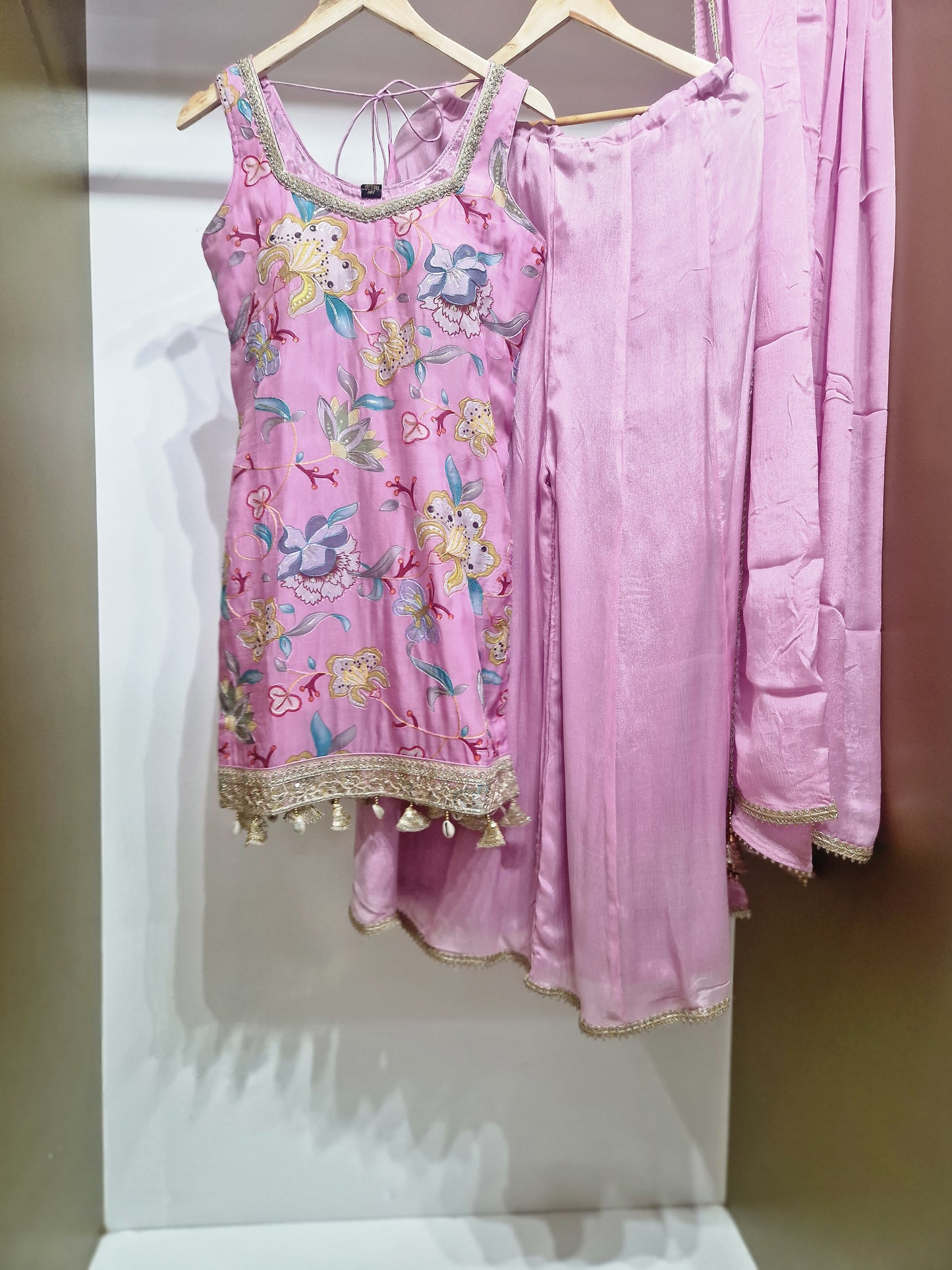 Pink Floral Embroidered Flared Kurta Ensemble – Shell Trim &amp; Wide-Leg Bottoms