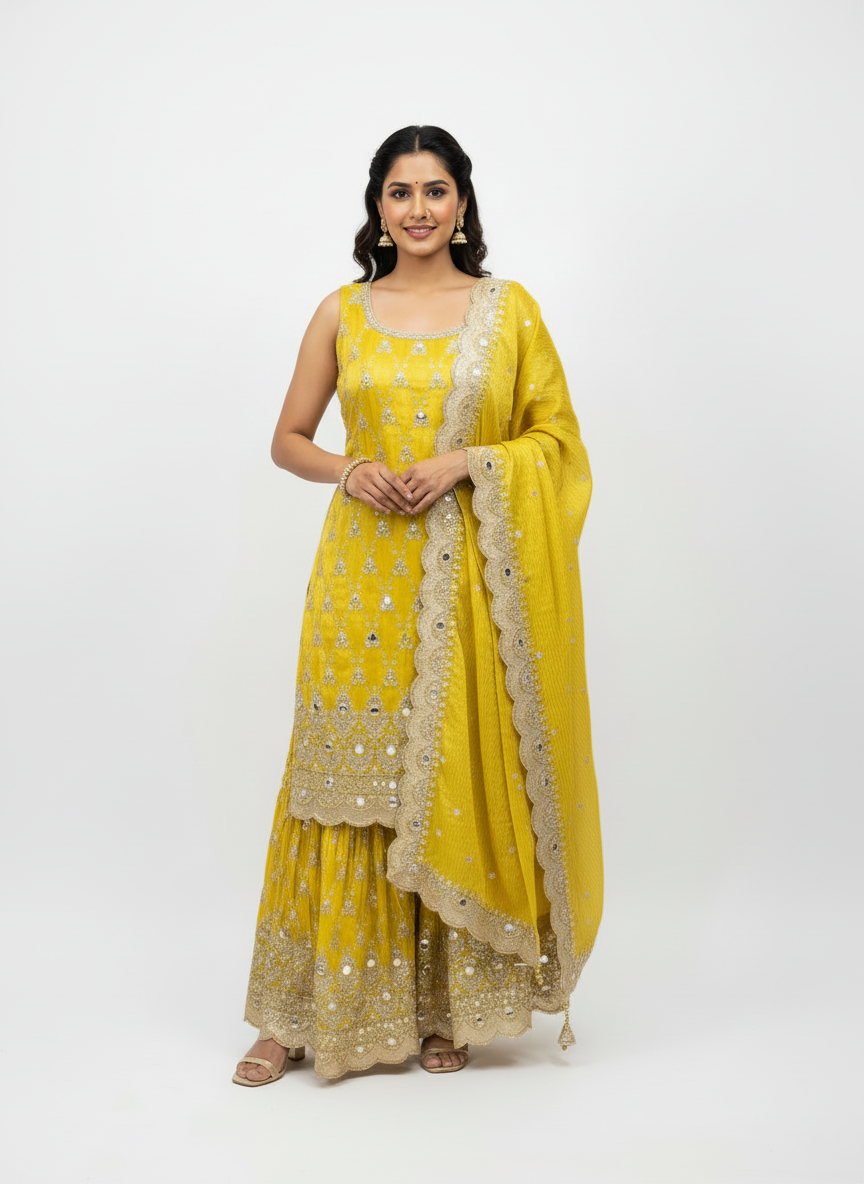 Yellow Mirror-Work Palazzo Suit – Radiant, Festive & Absolutely Show-Stopping