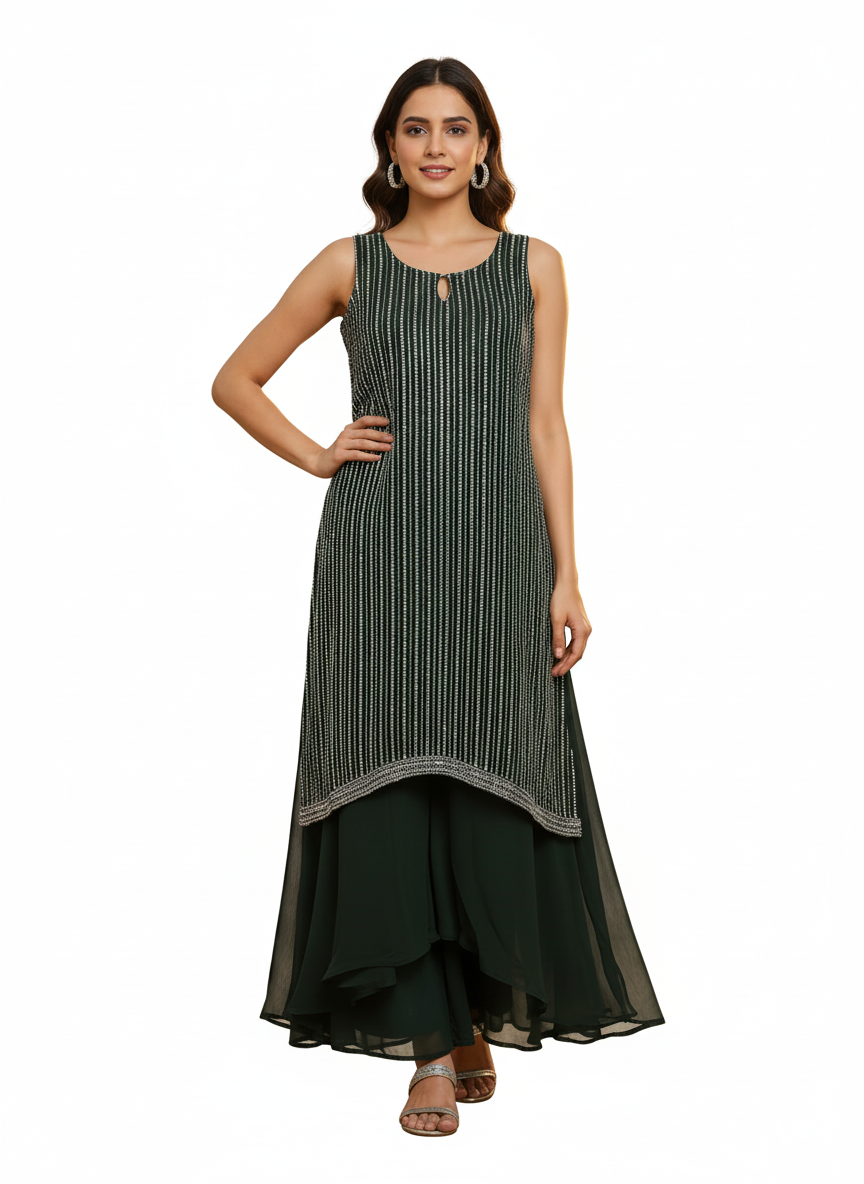 Elegant Dark Green Embellished Palazzo Suit – Perfect for Festive & Special Occasions