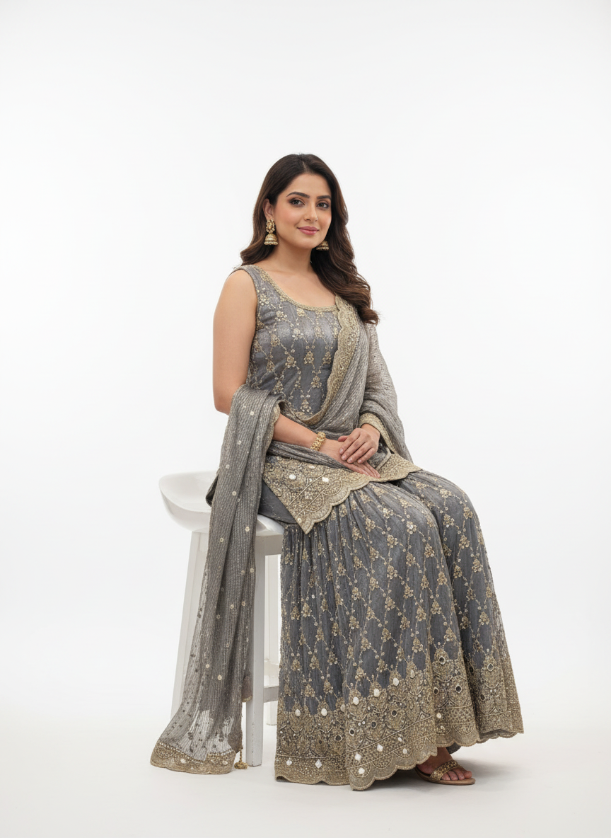 Grey Embroidered Palazzo Suit – Sophisticated, Regal & Perfect for Every Celebration