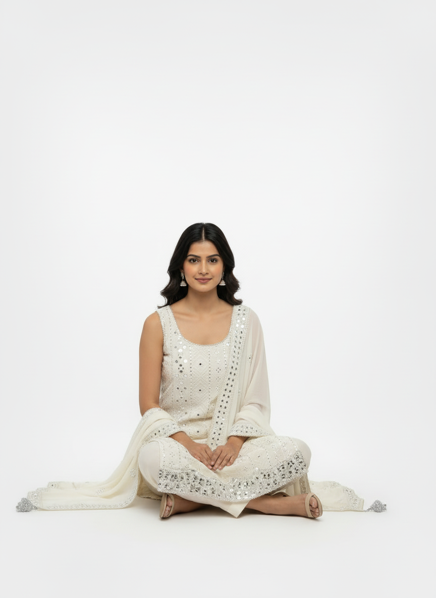 🤍 Elegant Ivory Mirror-Work Pajami Suit – Timeless & Graceful 🤍