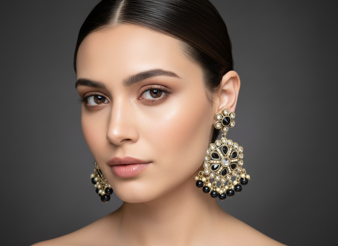 Elegant Traditional Gold-Plated Earrings with Black and Pearl Accents