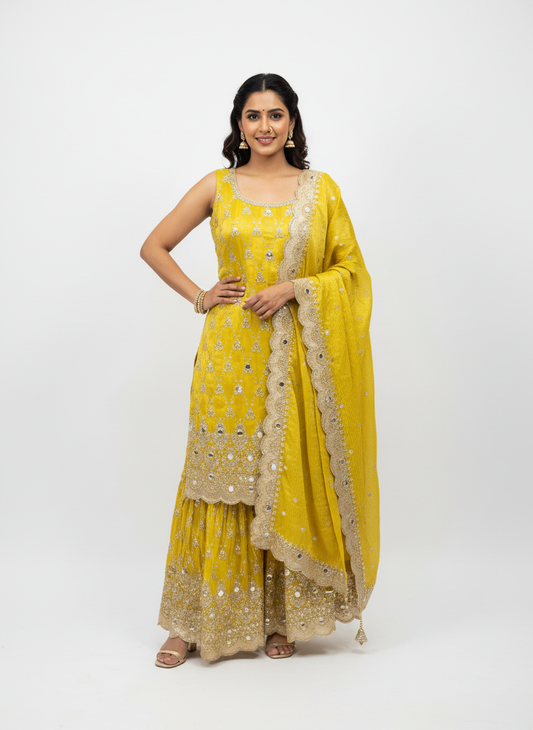 Yellow Mirror-Work Palazzo Suit – Radiant, Festive & Absolutely Show-Stopping