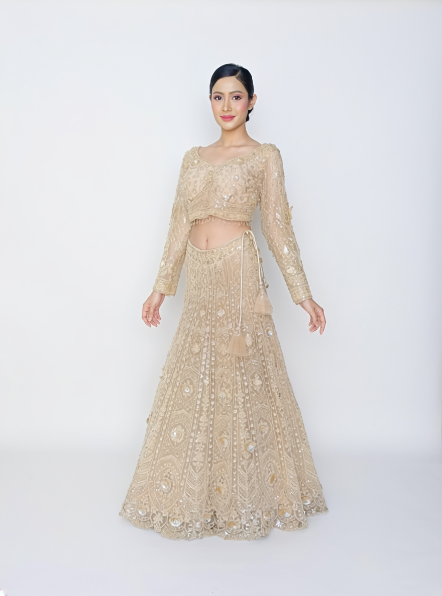 Luxury Champagne Gold Embroidered Lehenga Set