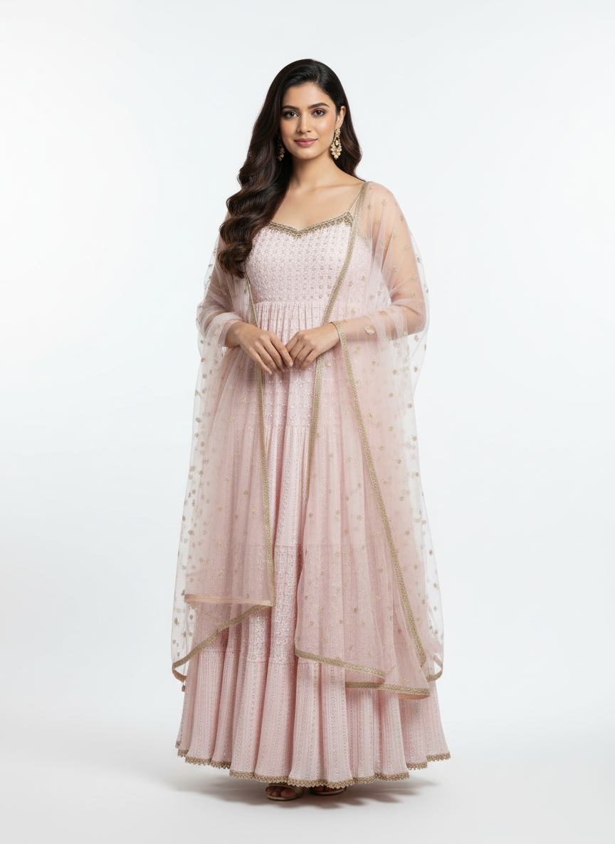 Delightful Blush Pink Tiered Anarkali Gown with Sequin Net Dupatta