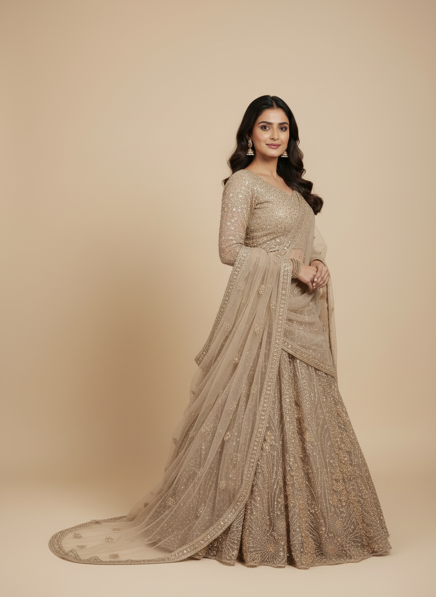 Luxurious Champagne Gold Sequinned Lehenga Set – A Masterpiece of Elegance & Glamour