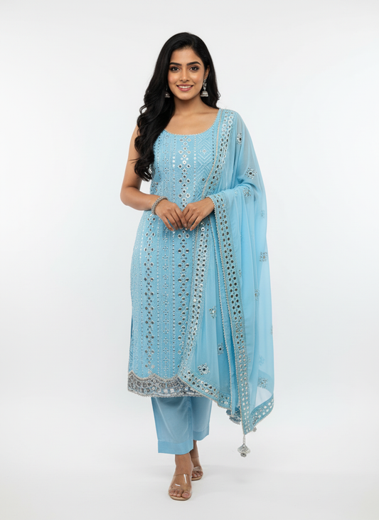 Premium Powder Blue Mirror-Work Suit – Elegant & Festive Ready