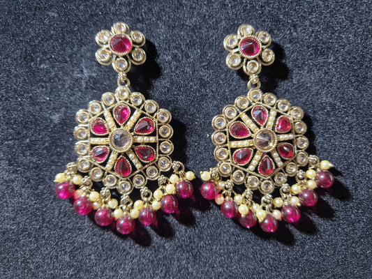 Elegant Traditional Gold-Plated Earrings with Red and Pearl Detailing