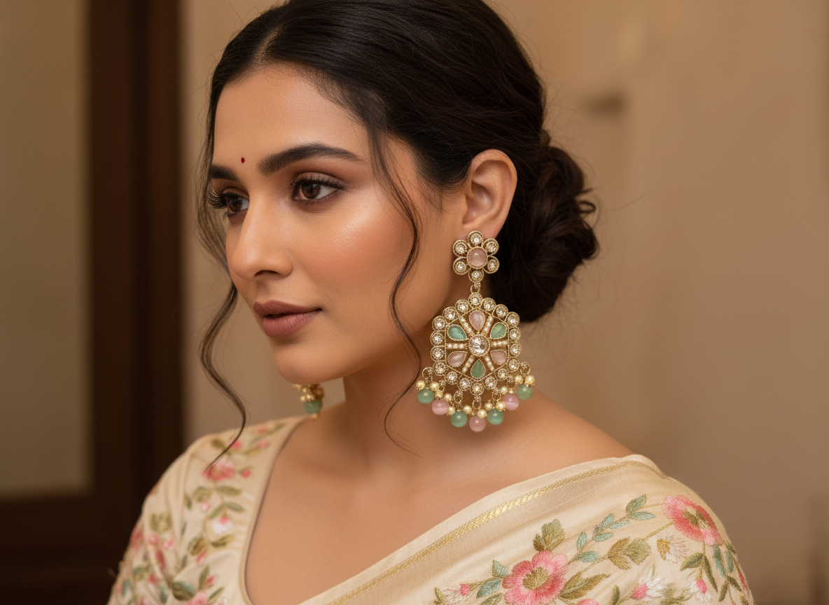 Elegant Traditional Kundan Earrings with Pearl and Bead Accents