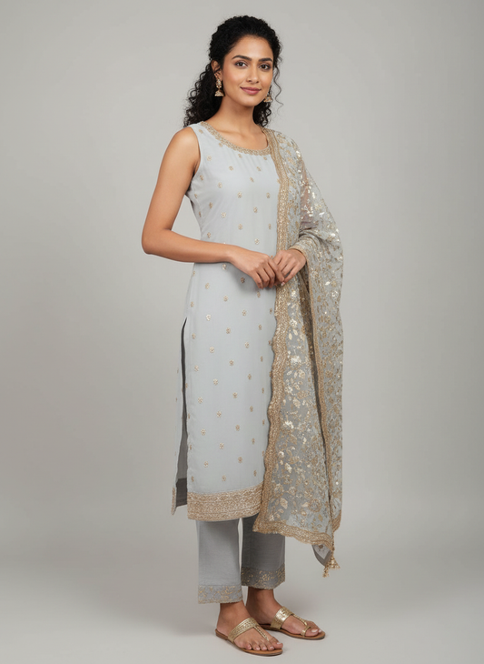 Elegant Ice-Grey Embroidered Straight Suit with Sequinned Dupatta