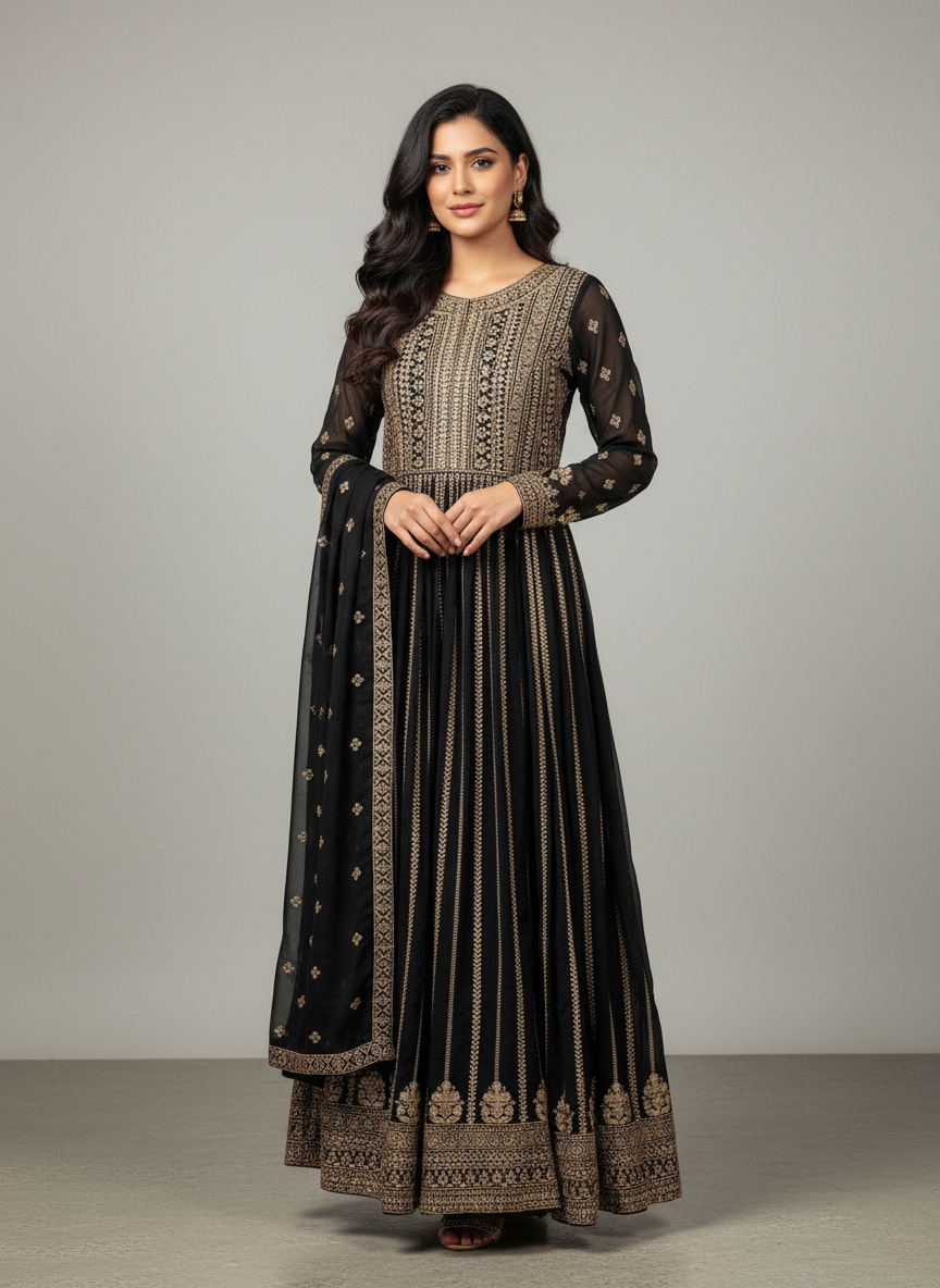 Luxurious Black Anarkali Gown with Intricate Gold Embroidery & Dupatta