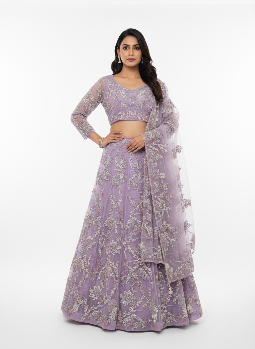 Dreamy Lavender Embroidered Net Lehenga Set – Pure Sophistication & Charm