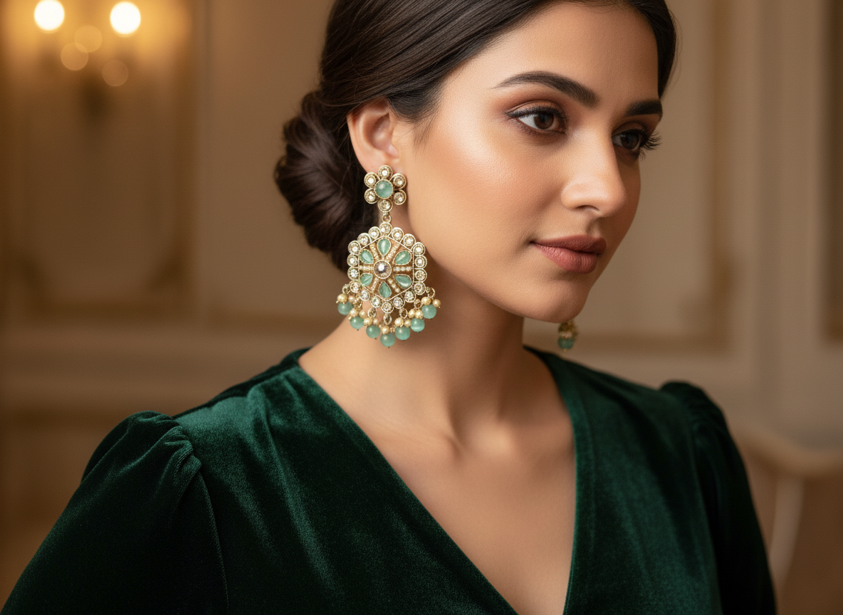 Mint Green & Gold Traditional Kundan Dangle Earrings