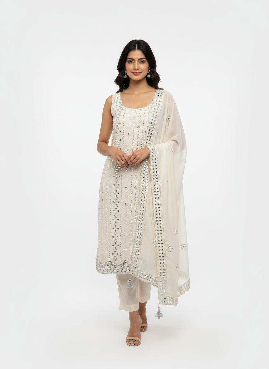 🤍 Elegant Ivory Mirror-Work Pajami Suit – Timeless & Graceful 🤍