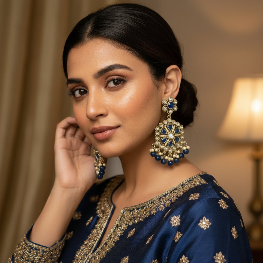 Elegant Blue & Gold Traditional Dangle Earrings