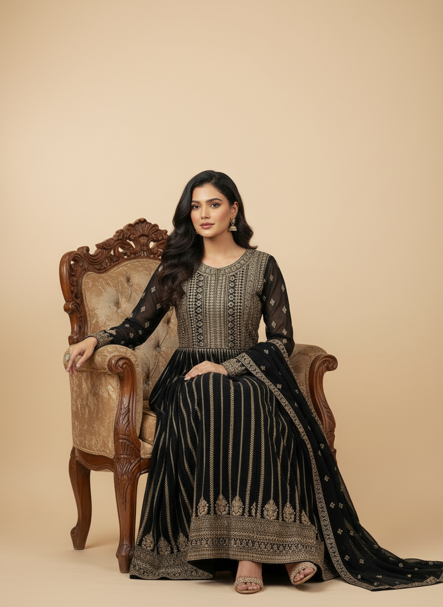Luxurious Black Anarkali Gown with Intricate Gold Embroidery & Dupatta