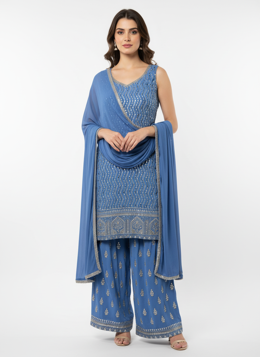 Elegant Blue Embroidered Palazzo Suit – Premium Party & Festive Wear