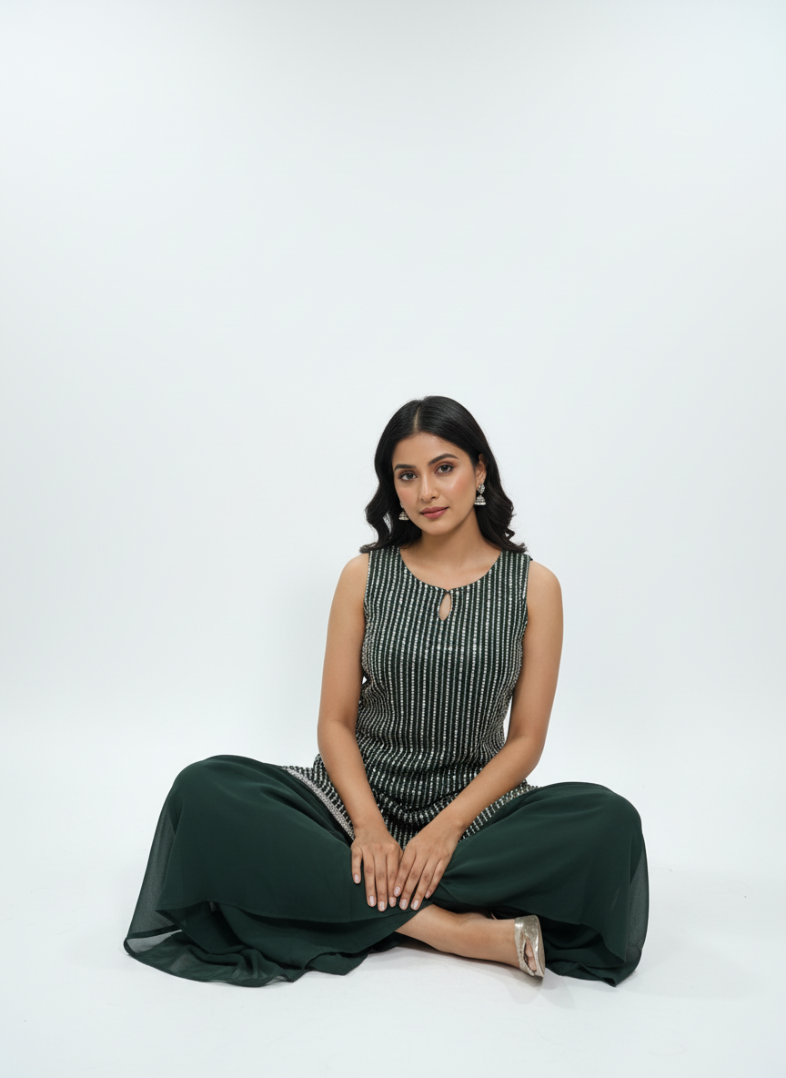 Elegant Dark Green Embellished Palazzo Suit – Perfect for Festive & Special Occasions