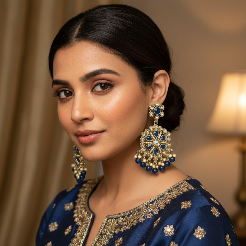 Elegant Blue & Gold Traditional Dangle Earrings